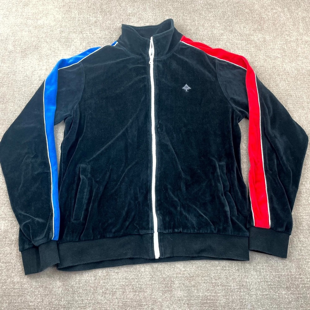 LRG Track Jacket Mens Small Blue Cotton Velour Logo Mock Neck Full Zip‎ Training